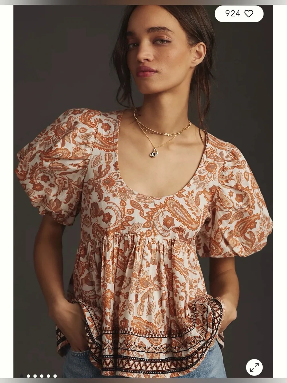 Anthropologie Puff-Sleeve Peasant  babydoll Top in Rust Paisley SZ:L